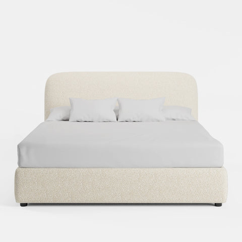 מיטה זוגית LIV מרופדת בבוקלה עם ראש מיטה מעוגל