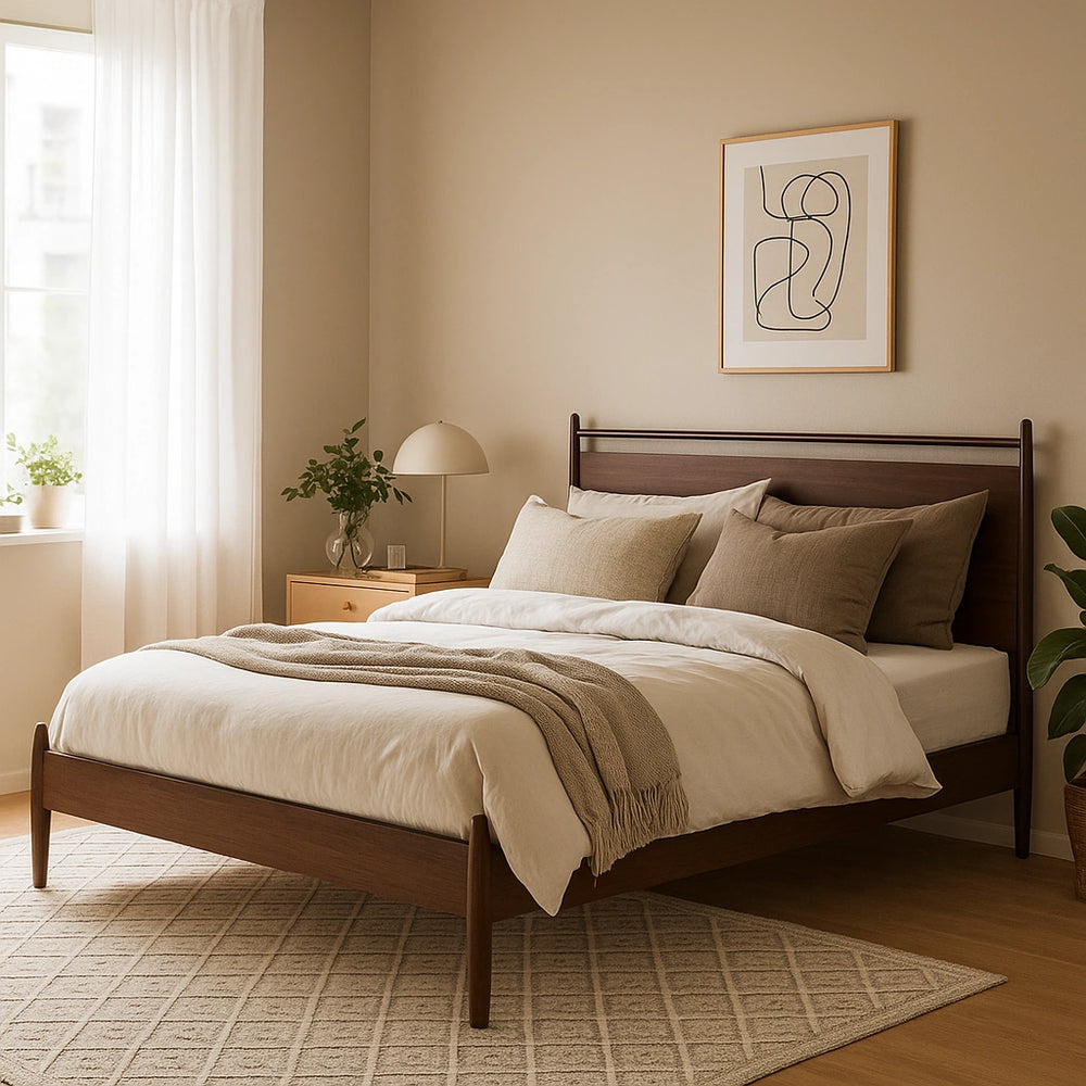 מיטה זוגית מעץ אלון מלא בעיצוב קלאסי־מודרני עם ראש מיטה פורניר