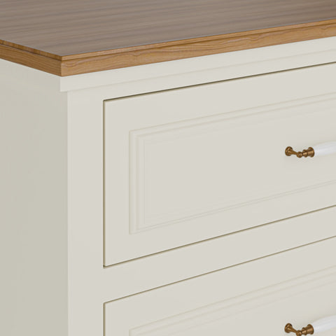 שידת מגירות מעץ עם פלטת אלון טבעי וידיות פורצלן לבן