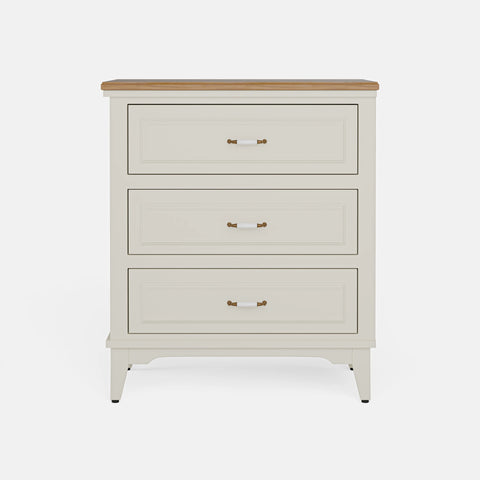 שידת מגירות מעץ עם פלטת אלון טבעי וידיות פורצלן לבן