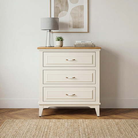 שידת מגירות מעץ עם פלטת אלון טבעי וידיות פורצלן לבן