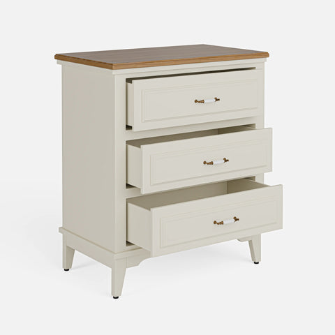 שידת מגירות מעץ עם פלטת אלון טבעי וידיות פורצלן לבן