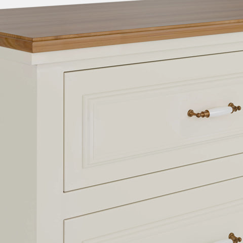 קומודה 6 מגירות מעץ עם פלטת אלון טבעי וידיות פורצלן