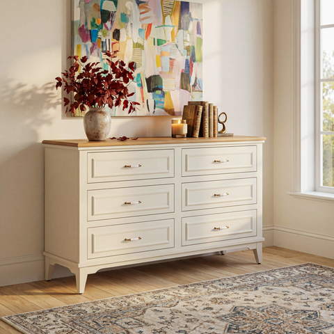 קומודה 6 מגירות מעץ עם פלטת אלון טבעי וידיות פורצלן