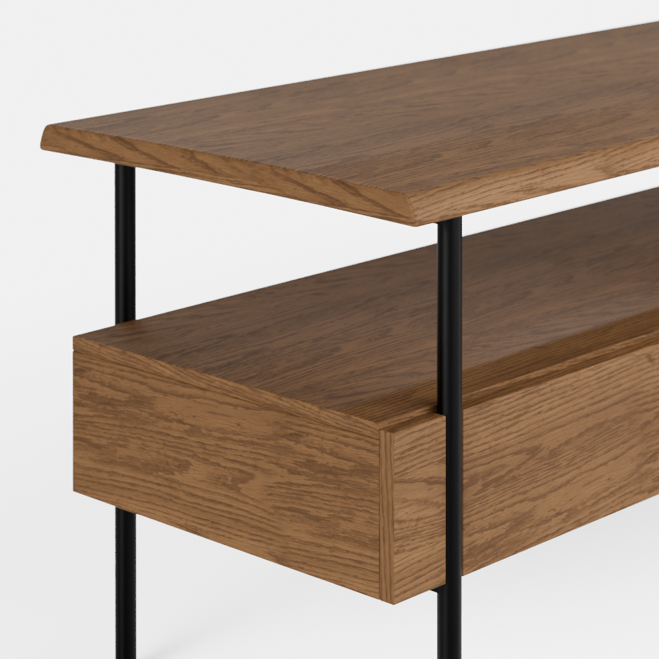 מזנון טלוויזיה בעיצוב מודרני עם מגירות, מדף עליון פתוח ושלד מתכת – דגם Oten