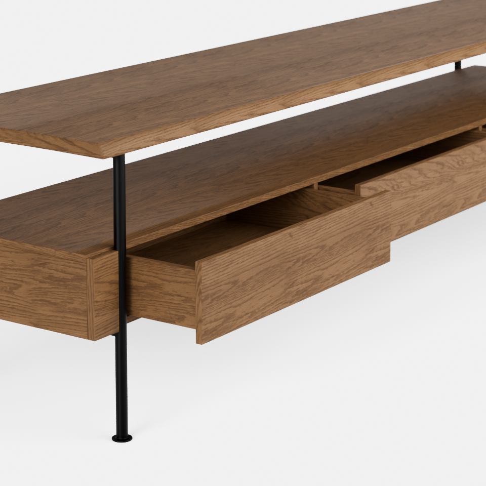 מזנון טלוויזיה בעיצוב מודרני עם מגירות, מדף עליון פתוח ושלד מתכת – דגם Oten