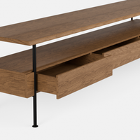 מזנון טלוויזיה בעיצוב מודרני עם מגירות, מדף עליון פתוח ושלד מתכת – דגם Oten