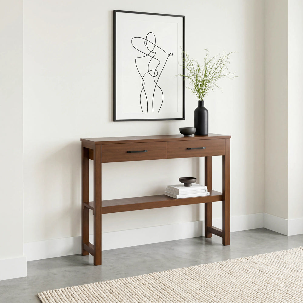 קונסולה עץ עם מדף תחתון ומגירות בעיצוב מודרני
