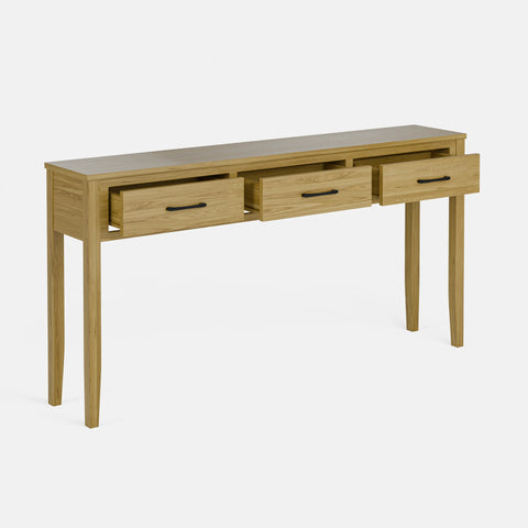 קונסולה עץ עם שלוש מגירות ורגלי אלון מלא בעיצוב מודרני