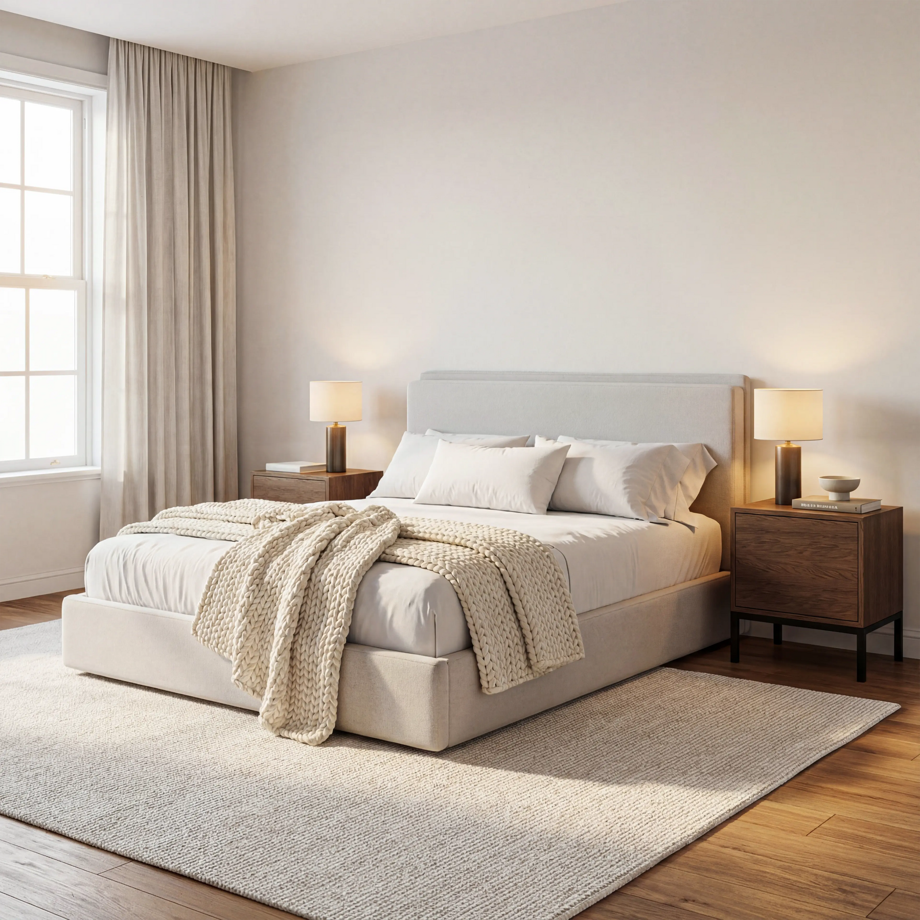 מיטה זוגית בעיצוב מודרני חמים עם ראש מיטה מרופד