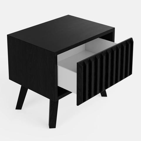 שידות לילה – שידת לילה Ventiq בסגנון Mid-Century עם חזית פיסולית ורגלי עץ