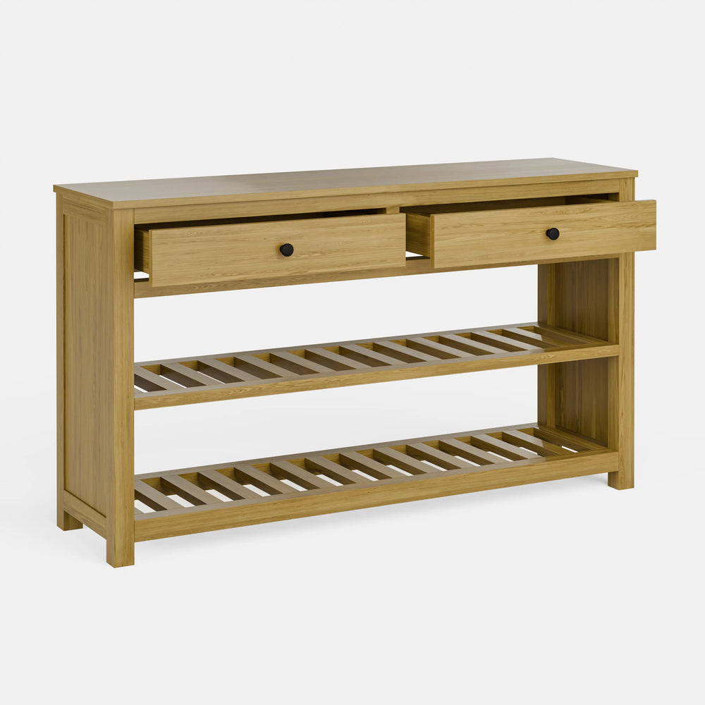 קונסולה לכניסה עם מדפים, שתי מגירות ומדפי סולם בעיצוב כפרי־מעודכן