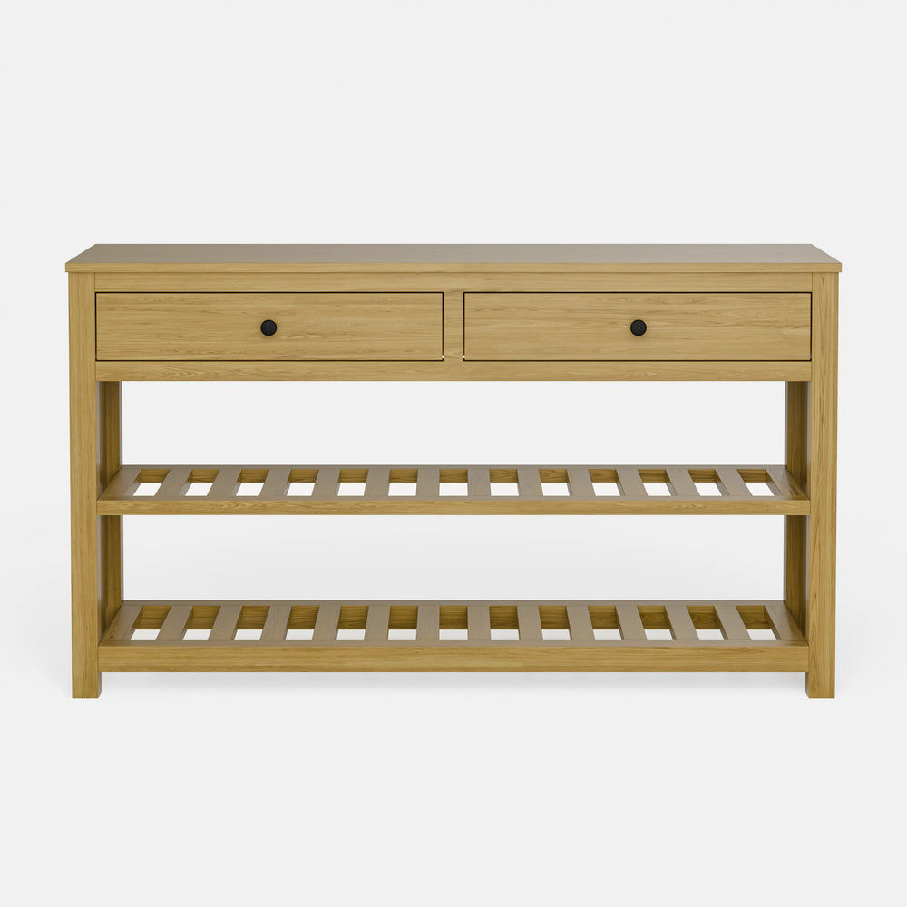 קונסולה לכניסה עם מדפים, שתי מגירות ומדפי רפפות בעיצוב כפרי־מעודכן