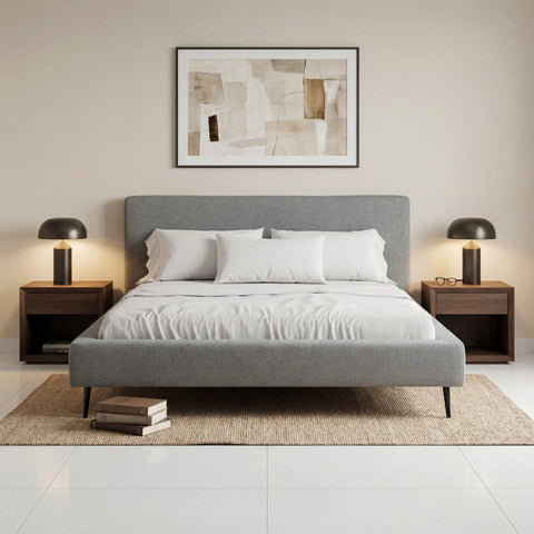 מיטה זוגית מרופדת בבד אריג בעיצוב מודרני נקי