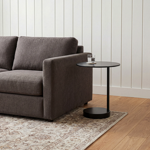 שולחן נשכן עגול מודרני עם פלטה מחופה פורניר ובסיס מתכת שחור