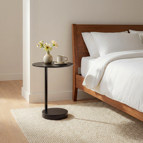 שולחן נשכן עגול מודרני עם פלטה מחופה פורניר ובסיס מתכת שחור