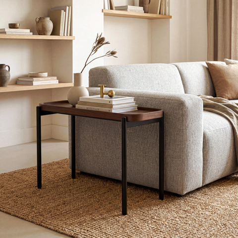 שולחן צד לסלון מעץ ומתכת שחורה בעיצוב מודרני תעשייתי רך | אגוז