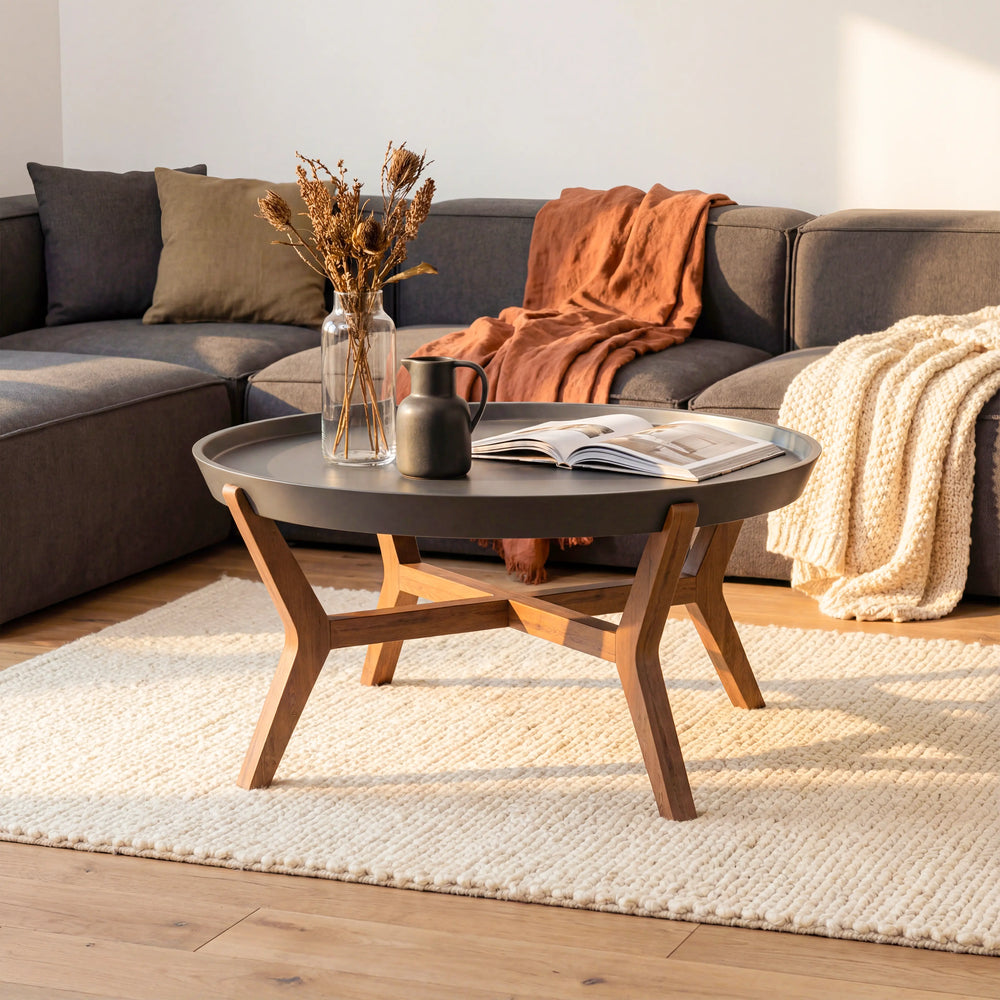 שולחן סלון עגול בעיצוב מודרני סקנדינבי עם מגש נשלף ורגלי עץ