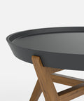 שולחן סלון עגול בעיצוב מודרני סקנדינבי עם מגש נשלף ורגלי עץ
