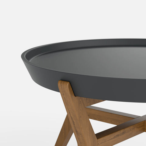 שולחן סלון עגול בעיצוב מודרני סקנדינבי עם מגש נשלף ורגלי עץ