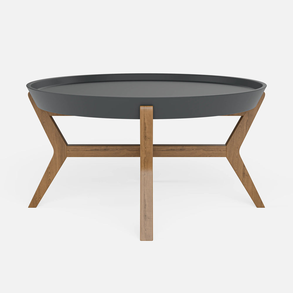 שולחן סלון עגול בעיצוב מודרני סקנדינבי עם מגש נשלף ורגלי עץ