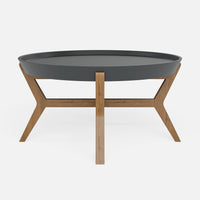 שולחן סלון עגול בעיצוב מודרני סקנדינבי עם מגש נשלף ורגלי עץ