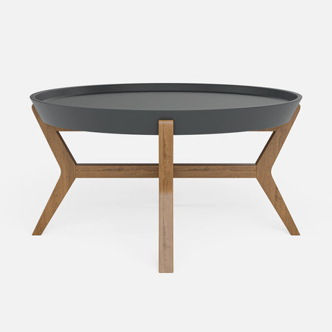 שולחן סלון עגול בעיצוב מודרני סקנדינבי עם מגש נשלף ורגלי עץ