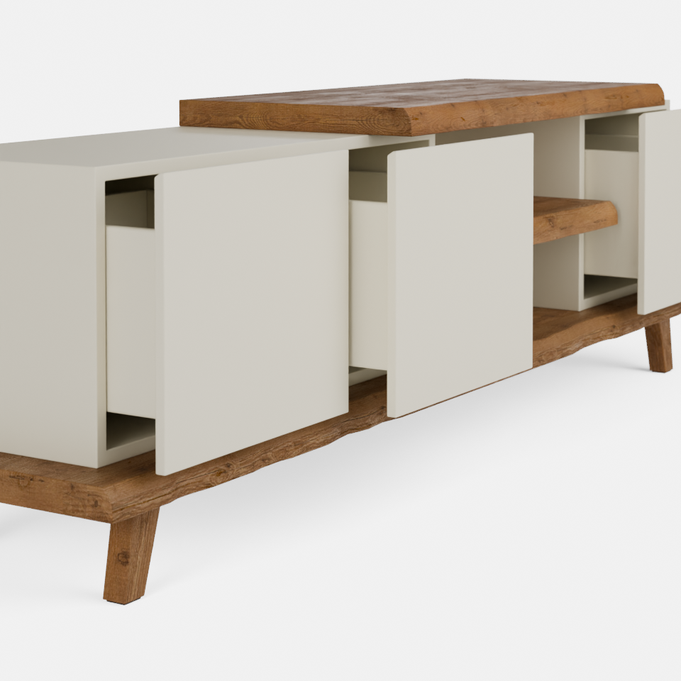 מזנון לסלון בסגנון מודרני–כפרי עם עץ אלון מלא, פלטה עליונה ומדף פתוח – דגם Talo