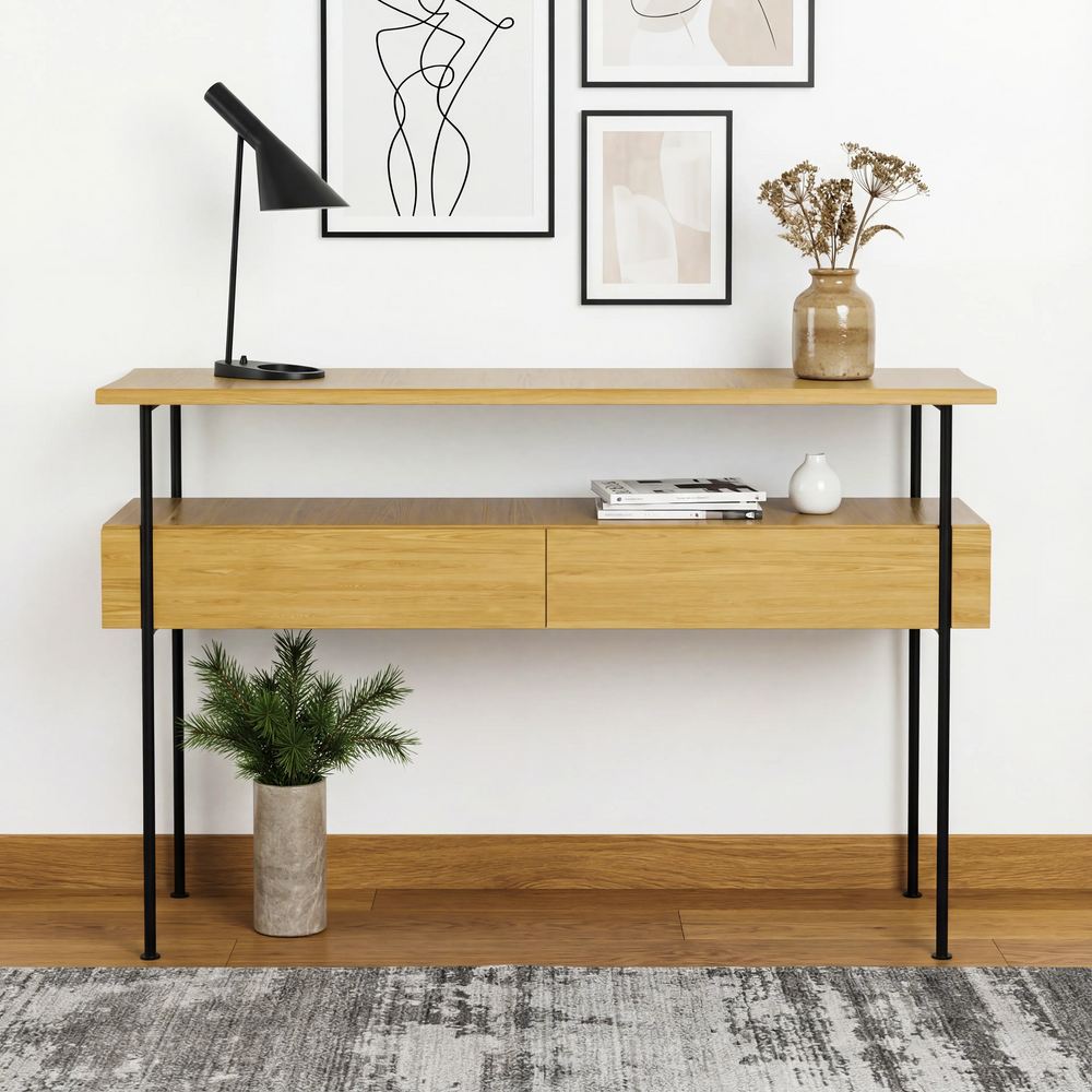 קונסולה עץ ומתכת מודרנית עם רגלי ברזל שחור