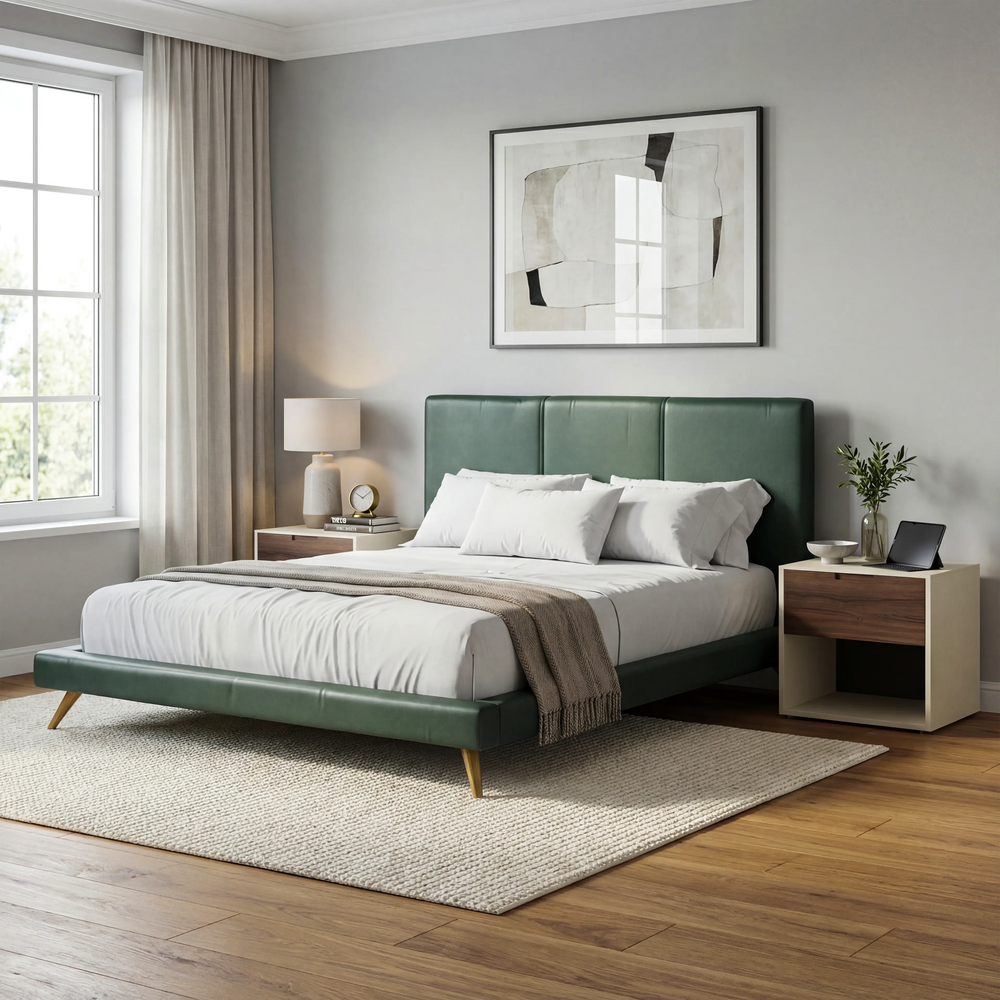 מיטה זוגית מרופדת בדמוי עור בעיצוב מודרני אלגנטי