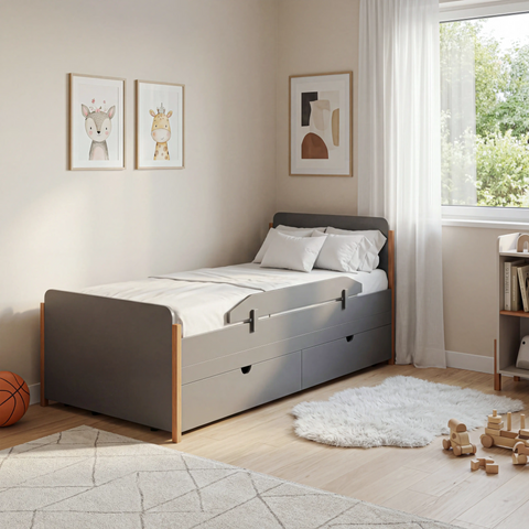 מיטת ילדים סקנדינבית עם מיטת חבר ומגירות אחסון
