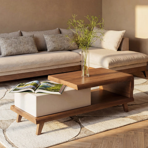 שולחן סלון עם אחסון בעיצוב מודרני חמים מעץ אלון מלא