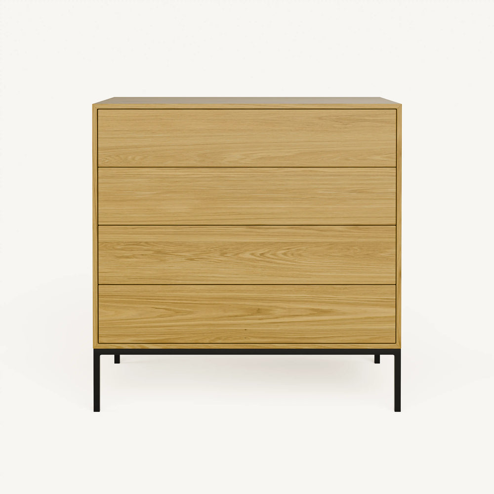 קומודה 4 מגירות מודרנית עם חזית נקייה ובסיס מתכת שחור