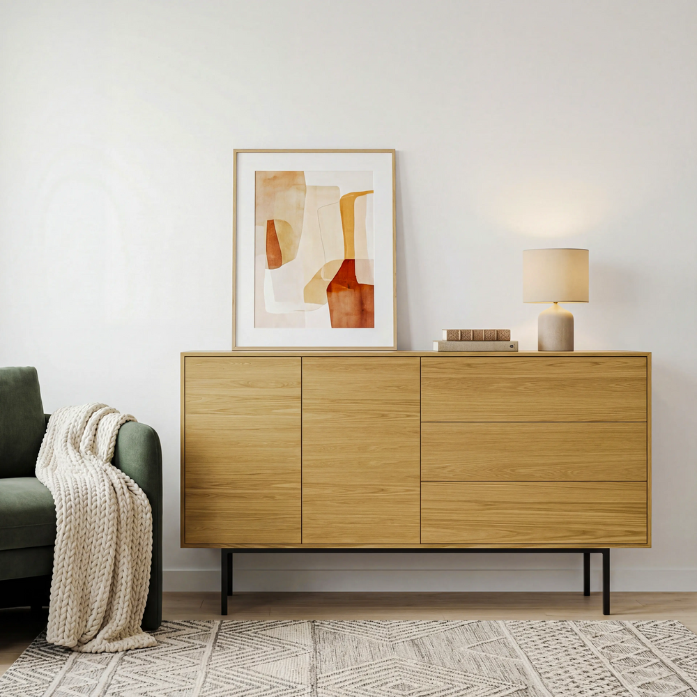 קומודה עם דלתות ומגירות בעיצוב מודרני עם בסיס מתכת שחור