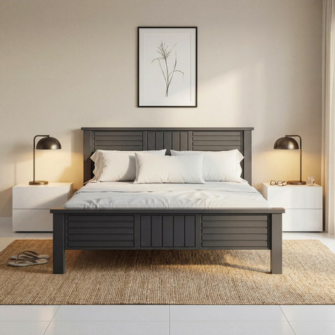 מיטה זוגית בעיצוב כפרי קלאסי עם לוחות אנכיים ואופקיים | אפור גרפיט