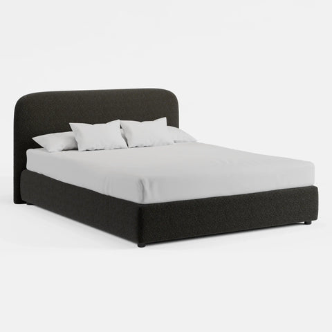 מיטה זוגית LIV מרופדת בבוקלה עם ראש מיטה מעוגל | אפור שחור