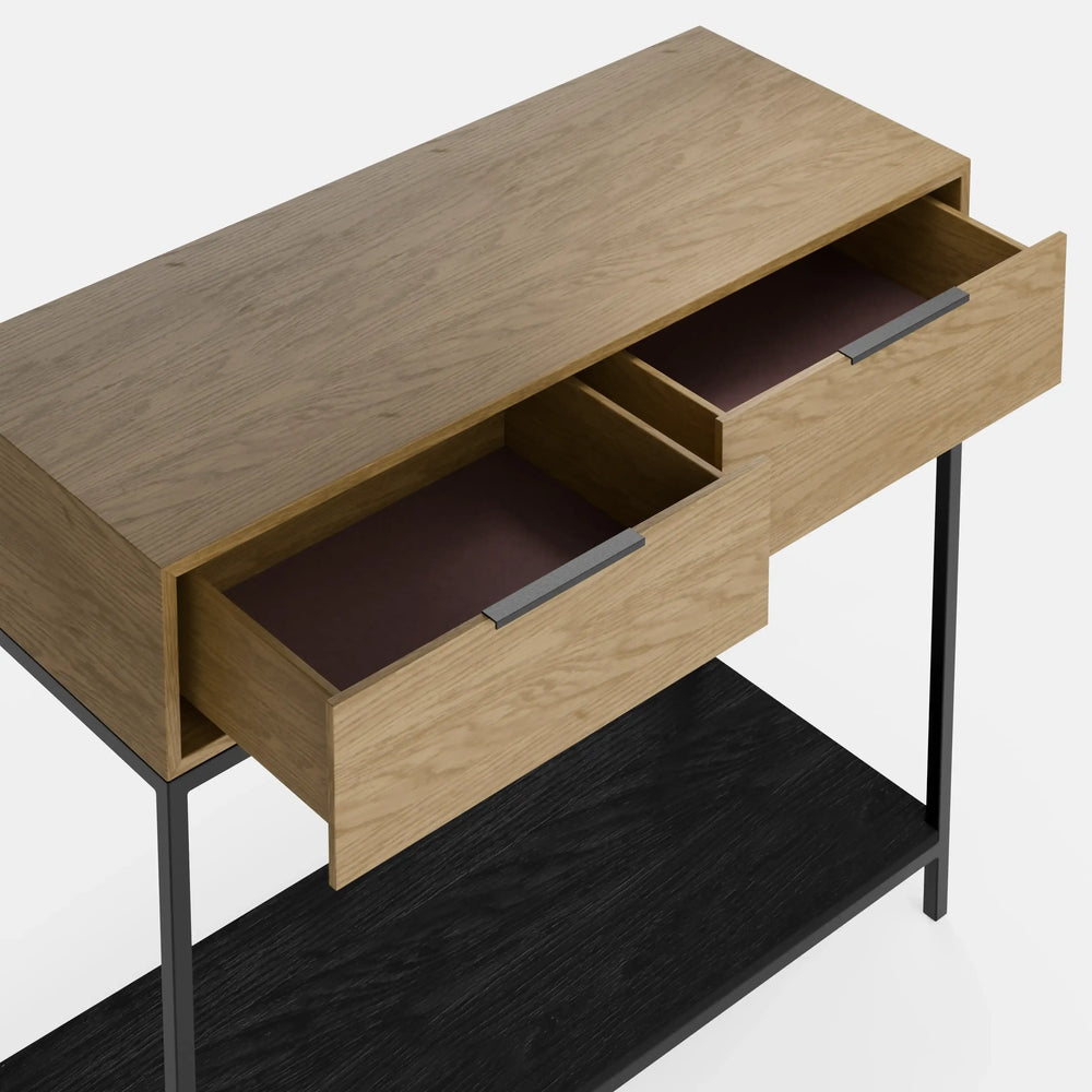 קונסולת כניסה Parizia עם מגירות ומדף תחתון, גוף בגימור פורניר ורגלי מתכת דקות בעיצוב מודרני־תעשייתי | פוני סטייל