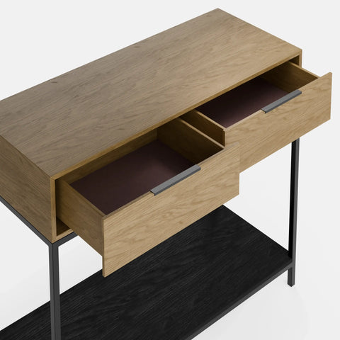 קונסולת כניסה Parizia עם מגירות ומדף תחתון, גוף בגימור פורניר ורגלי מתכת דקות בעיצוב מודרני־תעשייתי | פוני סטייל