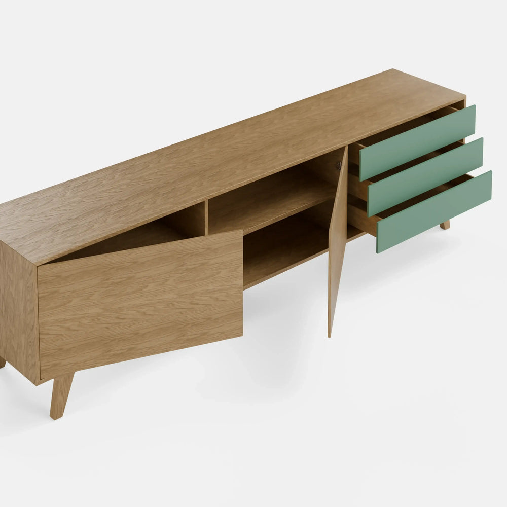 מזנון עץ לסלון Lind בעיצוב סקנדינבי טבעי עם פורניר אלון ומגירות בגימור אפוקסי