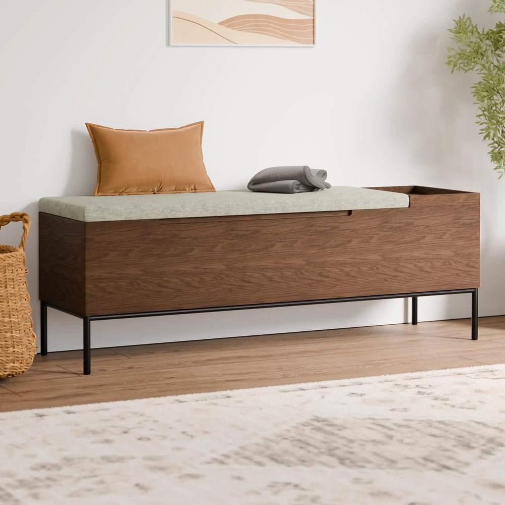 ספסל עץ עם אחסון מרופד ושולחן צד בעיצוב מודרני מינימליסטי | פוני סטייל