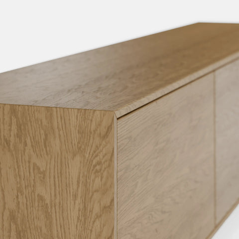 מזנון עץ לסלון Lind בעיצוב סקנדינבי טבעי עם פורניר אלון ומגירות בגימור אפוקסי