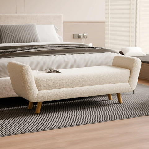 ספסל מרופד בבד בוקלה בגוון שמנת - Lennox