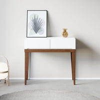 קונסולה Holt בעיצוב מינימליסטי עם שתי מגירות פתיחה בלחיצה ורגלי עץ מלא בסגנון מיד־סנצ’רי מודרני | פוני סטייל
