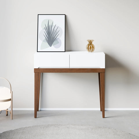 קונסולה Holt בעיצוב מינימליסטי עם שתי מגירות פתיחה בלחיצה ורגלי עץ מלא בסגנון מיד־סנצ’רי מודרני | פוני סטייל