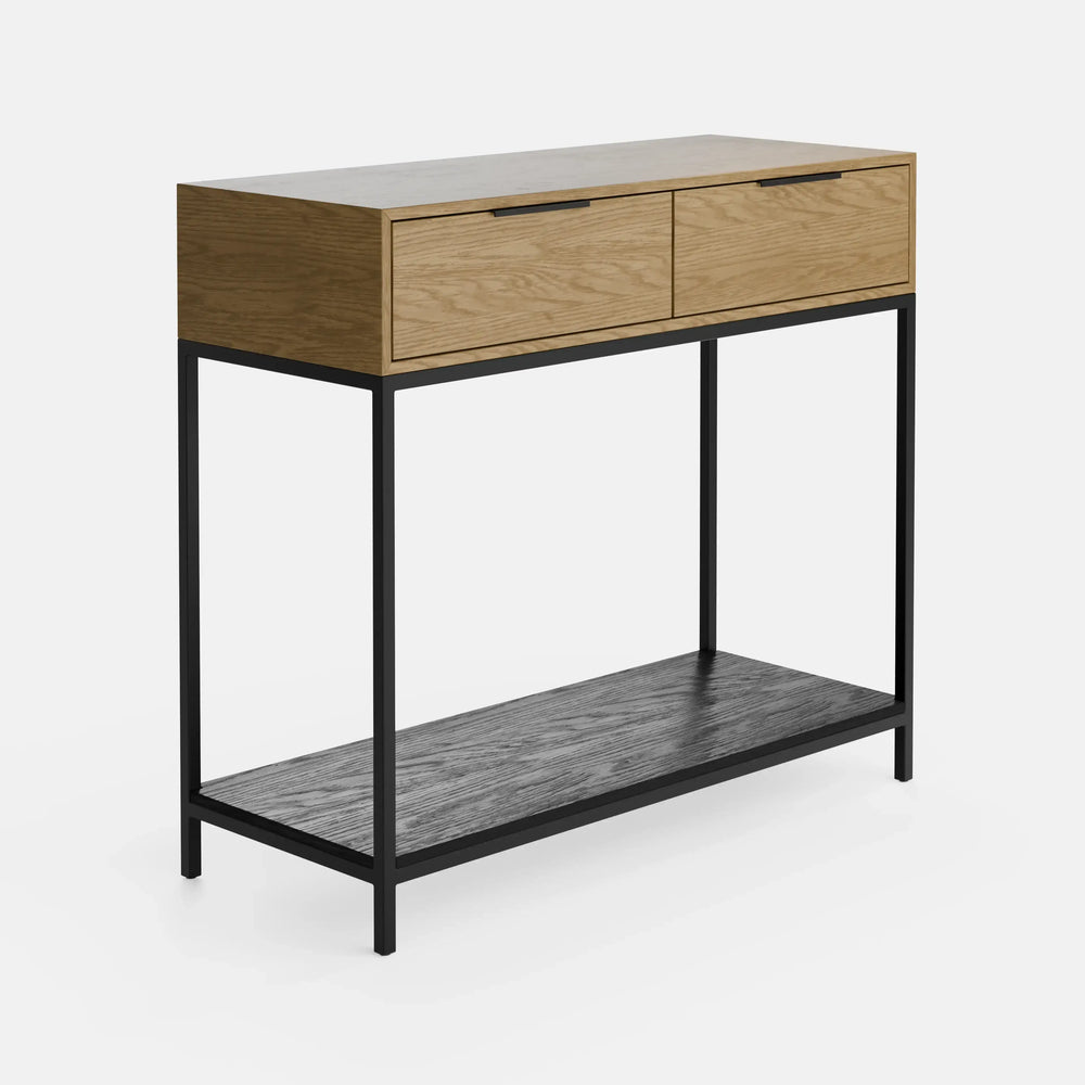 קונסולת כניסה Parizia עם מגירות ומדף תחתון, גוף בגימור פורניר ורגלי מתכת דקות בעיצוב מודרני־תעשייתי | פוני סטייל