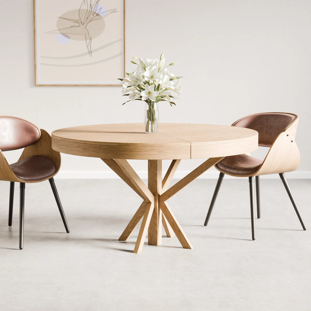 Loki – שולחן אוכל עגול נפתח עד 18 סועדים עם רגלי עץ אלון ומנגנון פתיחה גרמני