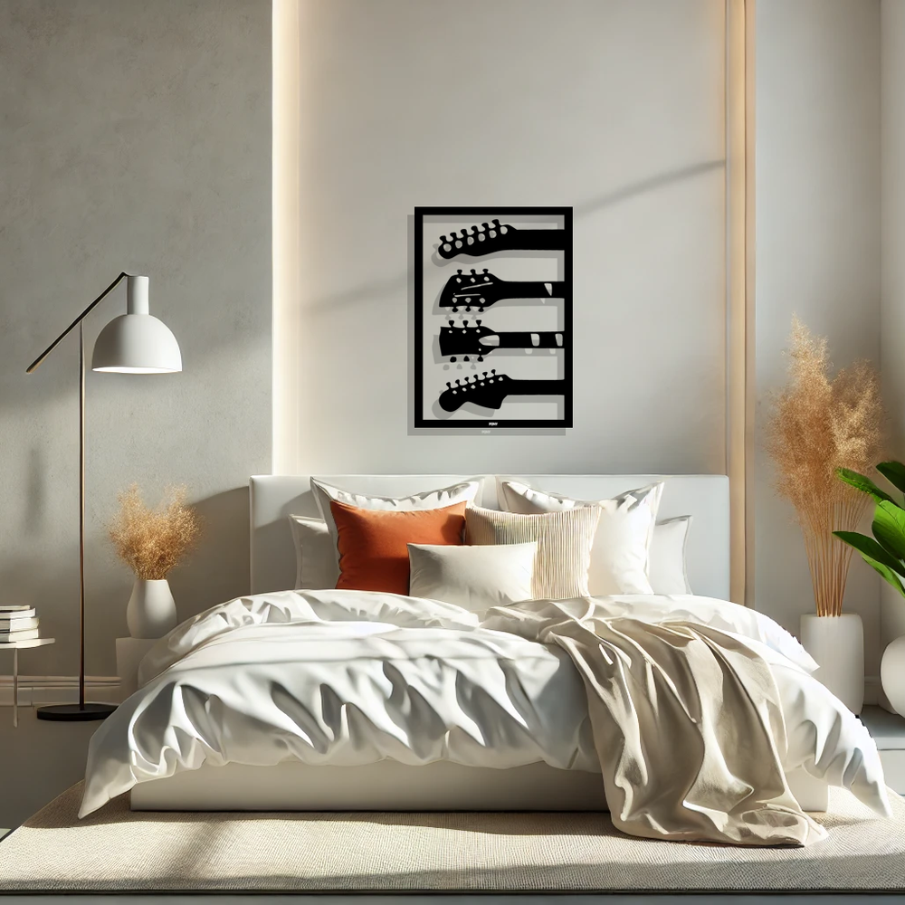 תמונת מתכת גיטרות Strang אפקט עומק בעיצוב מוזיקלי ומודרני