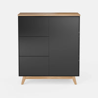 שידה סקנדינבית Skadi עם מגירות ודלת בצבע שחור, רגלי עץ טבעי ופלטת פורניר בגוון אלון | פוני סטייל