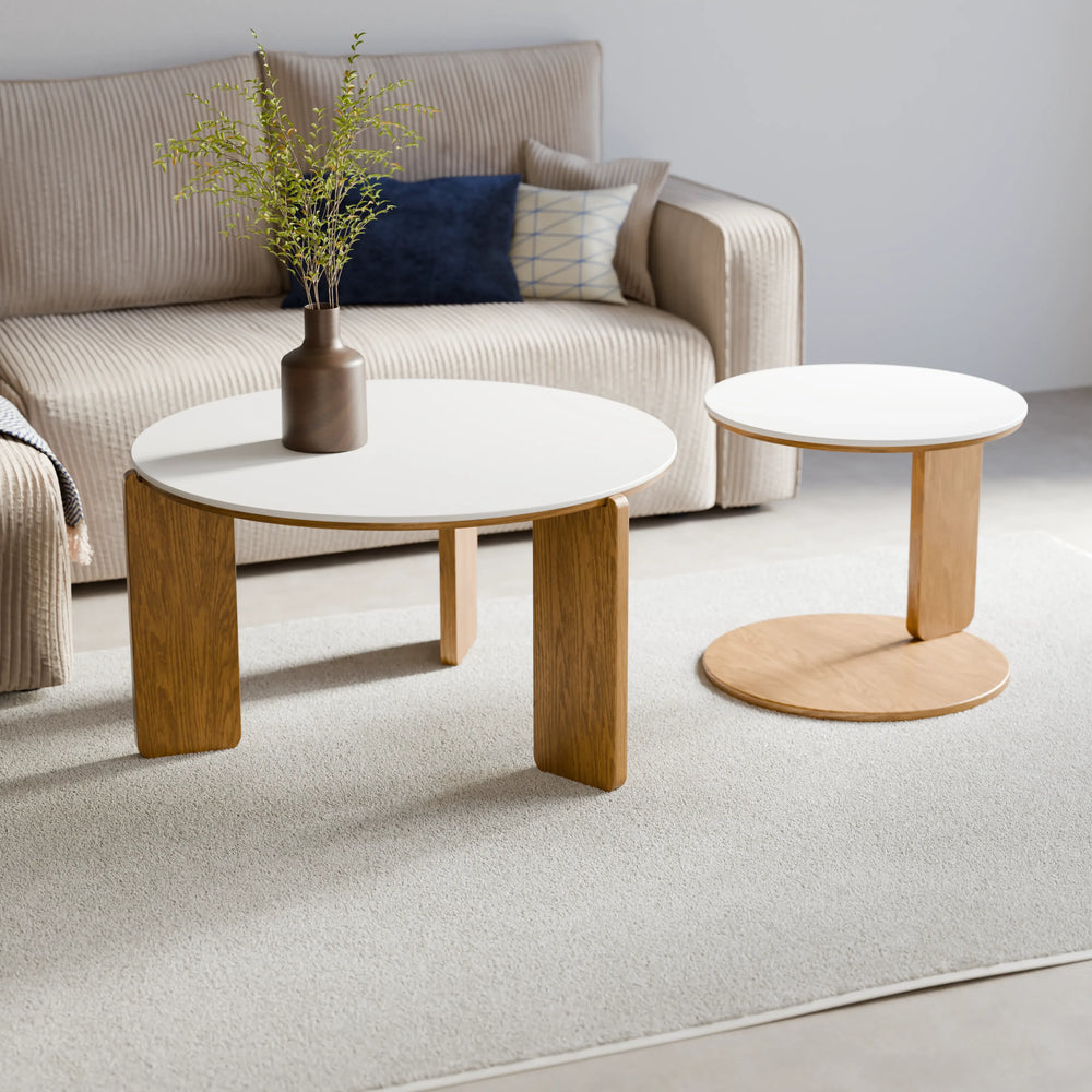 סט שולחנות סלון עגולים Gren בגימור לבן ועץ מלא בעיצוב נורדי־עכשווי