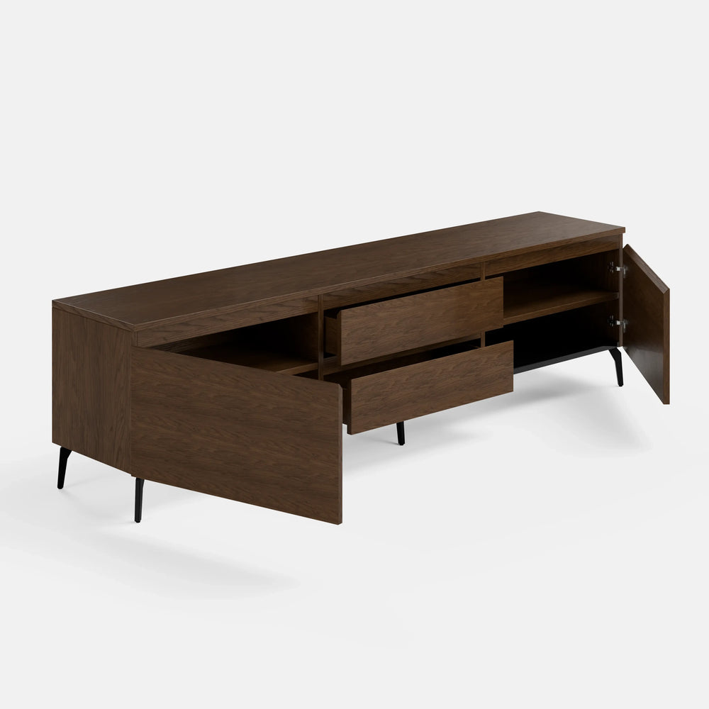 מזנון טלוויזיה מודרני Tavik בגימור פורניר טבעי עם מגירות, דלתות ורגלי ברזל דקות